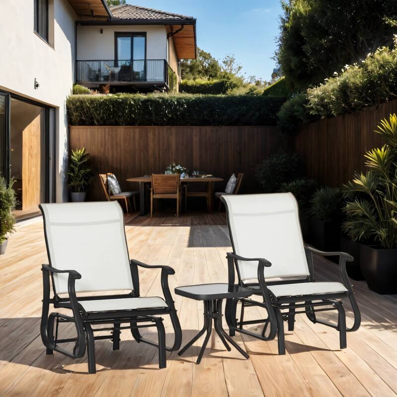 3 Piece Outdoor Gliders Set with Steel Frame, Tempered Glass Table