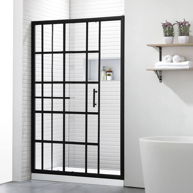 FELYL 48" W × 72" H Single Sliding Framed Shower Door with Heat Soaking Process and Protective Coating Clear Glass