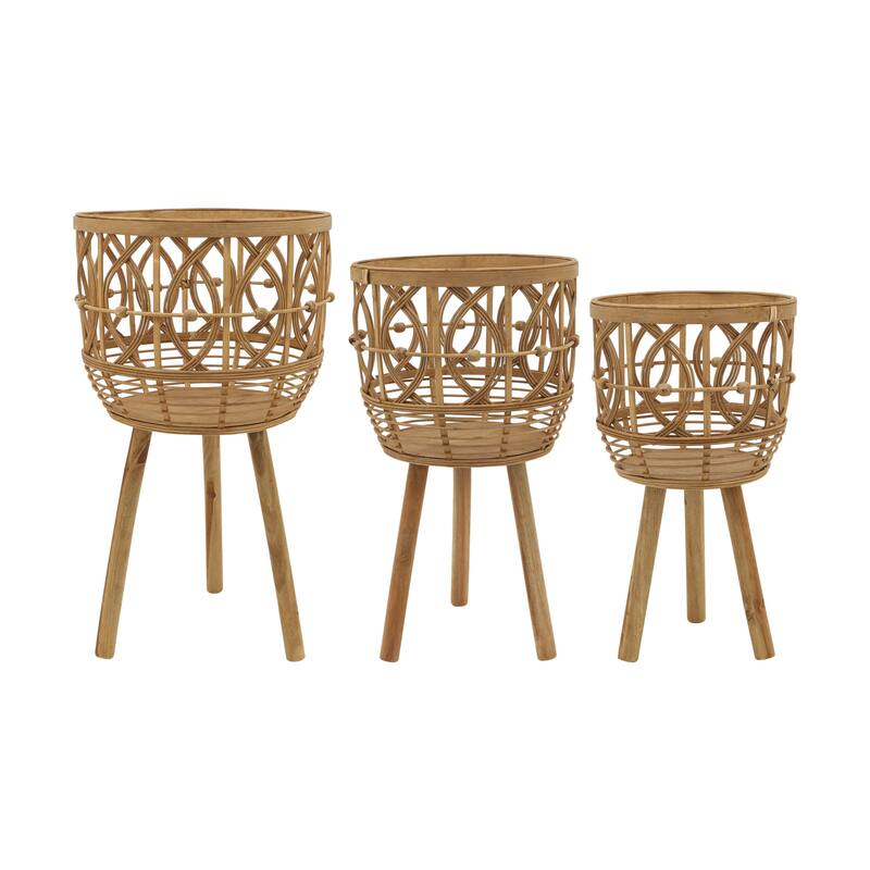 Natural Bamboo Handwoven Planters on Wood Tripod (Set of 3) - Natural
