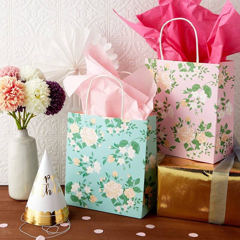 Blue Panda Small Floral Kraft Gift Bags with Handles in 4 Colors (8 x 9 x 4 in, 12 Pack)