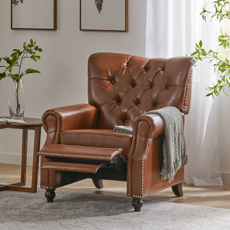 Light Brown Pu Leather Upholstered Push Back Recliner with Footrest, Button-tufted Backrest, Nailhead Accents