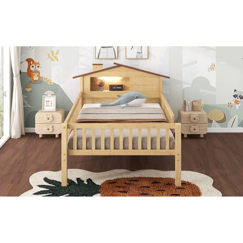 Wood Platform Bed with House-shaped Headboard, LED and Built-in Storage