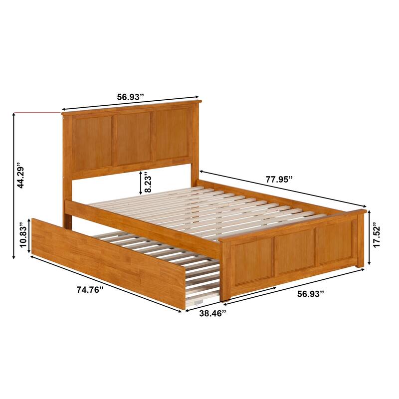 Solid Wood Platform Bed with Trundle - Full Size, Light Toffee Finish, Modern Bedroom Furniture
