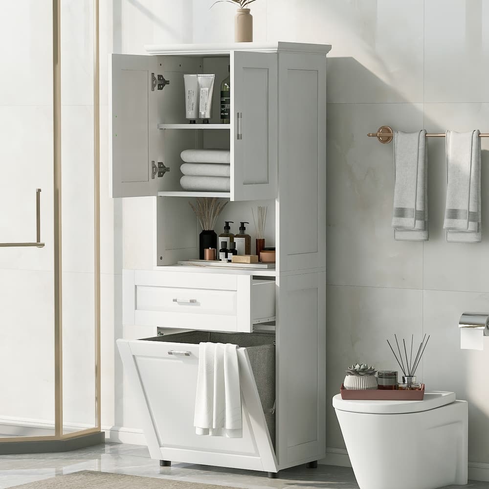 Freestanding Tall Bathroom Double Door Storage Cabinet with Removable Laundry Basket, Open Shelf, Drawer and Adjustable Shelf