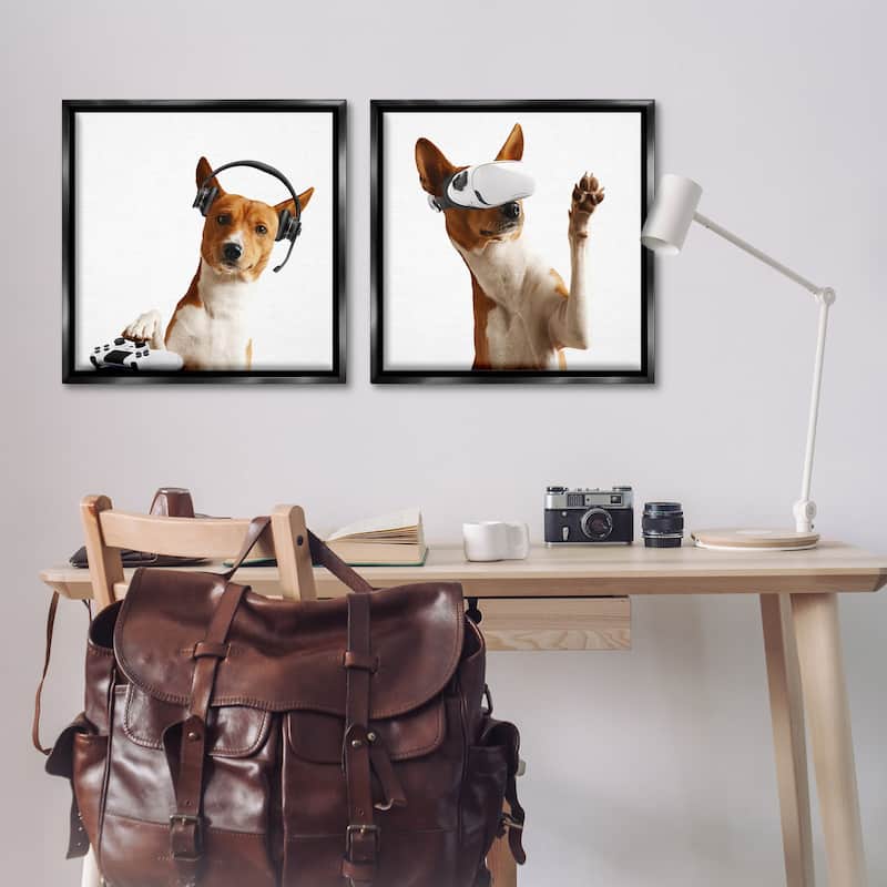 Stupell Video Game Dogs with VR Framed Floater Canvas Wall Art Design By CAD Design (Set of 2)