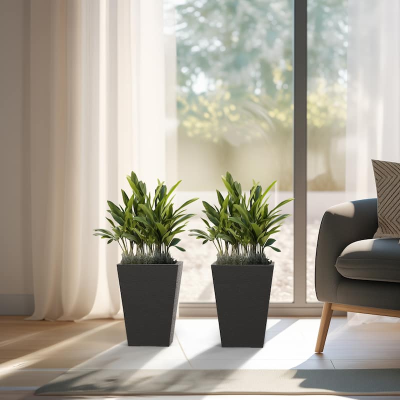 Black Tall Plastic Trapezoid Plant Pots / Large Indoor and Outdoor Flower Planters, 2 Piece Set - 2 Piece Set (14.18 Inch High) - Charcoal Black