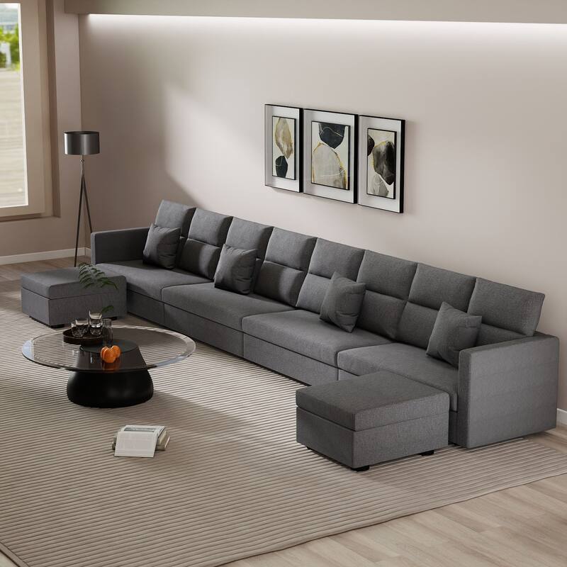 Linen Sectional Couches Modular Sofa with Ottoman for Living Room - Grey