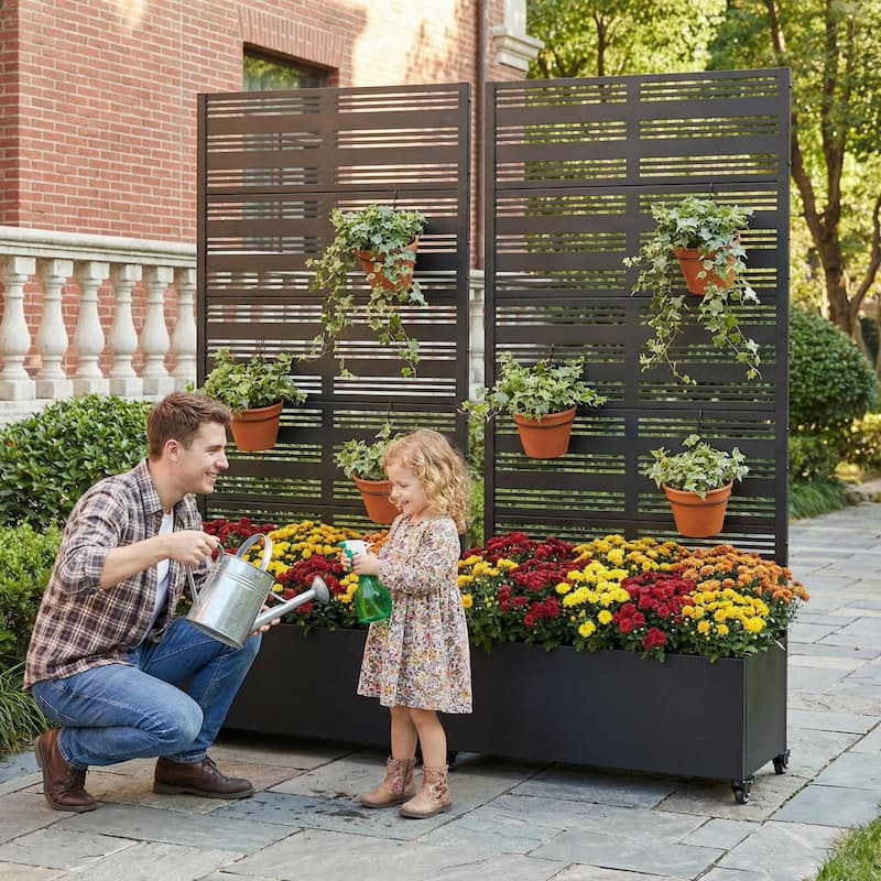 Metal Galvanized Planter Box with Trellis Privacy Screen Lockable Wheels Set of 2