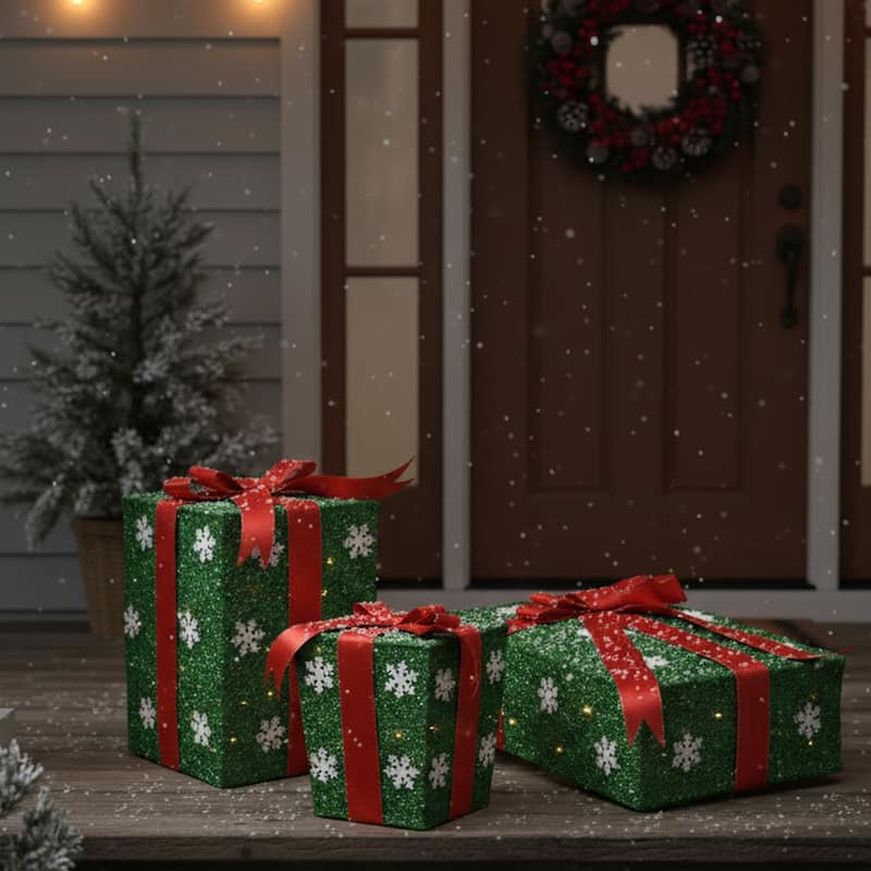 3 Pre-Lit Green Red Gift Boxes Outdoor Christmas Decorations 13"