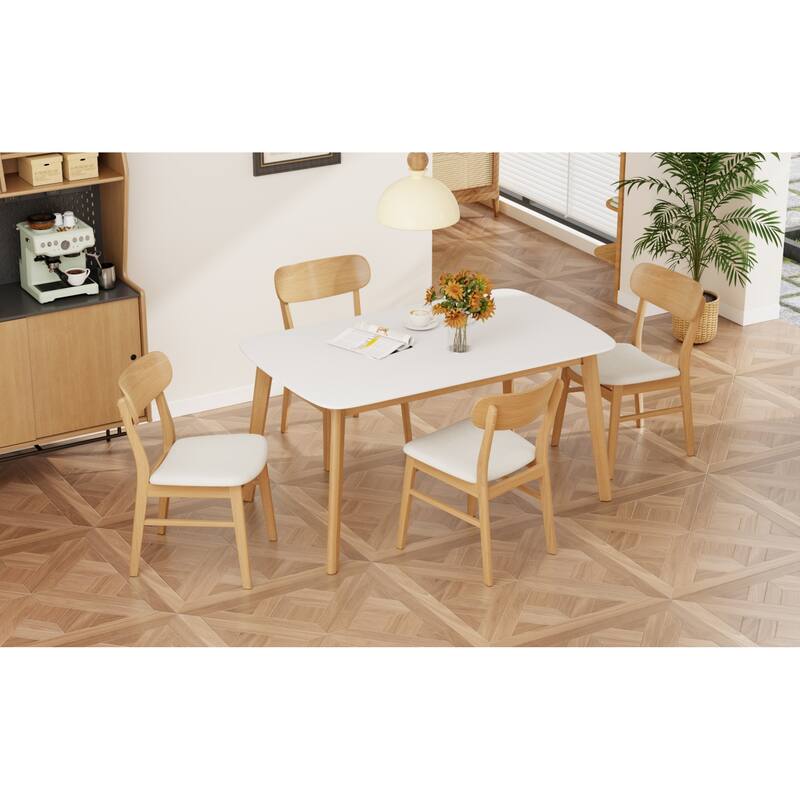 Roomfitters 5-Piece Mid-Century Dining Set, 59" White Oak Table with 4 Upholstered Solid Wood Chairs