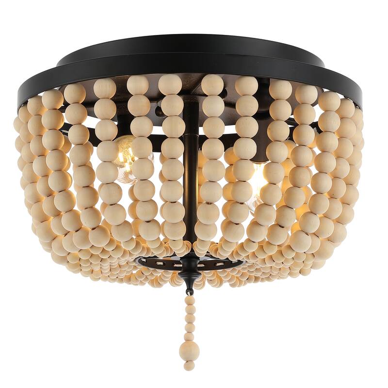 Allie Wood Beaded/Metal LED Flush Mount, by JONATHAN Y - Black/Cream - 2-Light