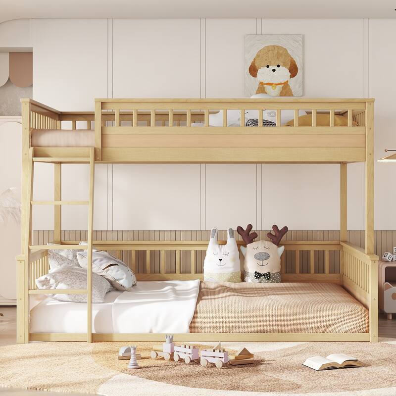 Full XL Size Loft Bed & 3 Sided Guardrails Queen Size Platform Bed, Full XL Over Queen Bunk Bed with Guardrails and Ladder