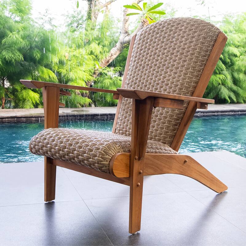 Cambridge Casual Camden Upholstered Teak Outdoor Adirondack Chairs- Include Patio Furniture Covers - Natural Teak/Creame Wicker