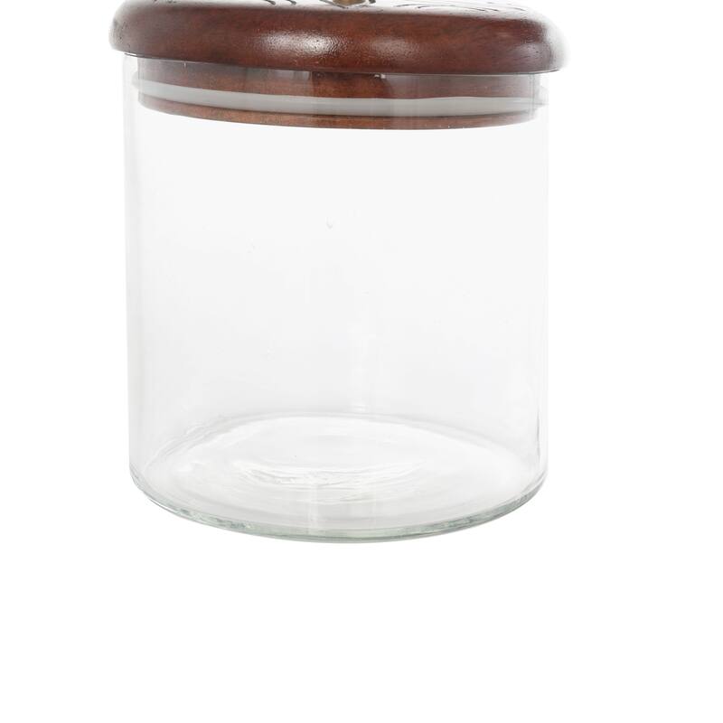 Glass Floral Carved Decorative Jars with Brown Wooden Lids and Gold Knobs - Set of 2 Clear - Roche River Decor - 5"W x 5"L x 9"H