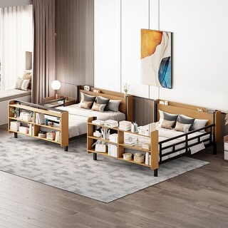 Full Over Full Size Metal Bunk Bed with Ladder, Full-Length Guardrails, Storage Shelves, No Box Spring Needed