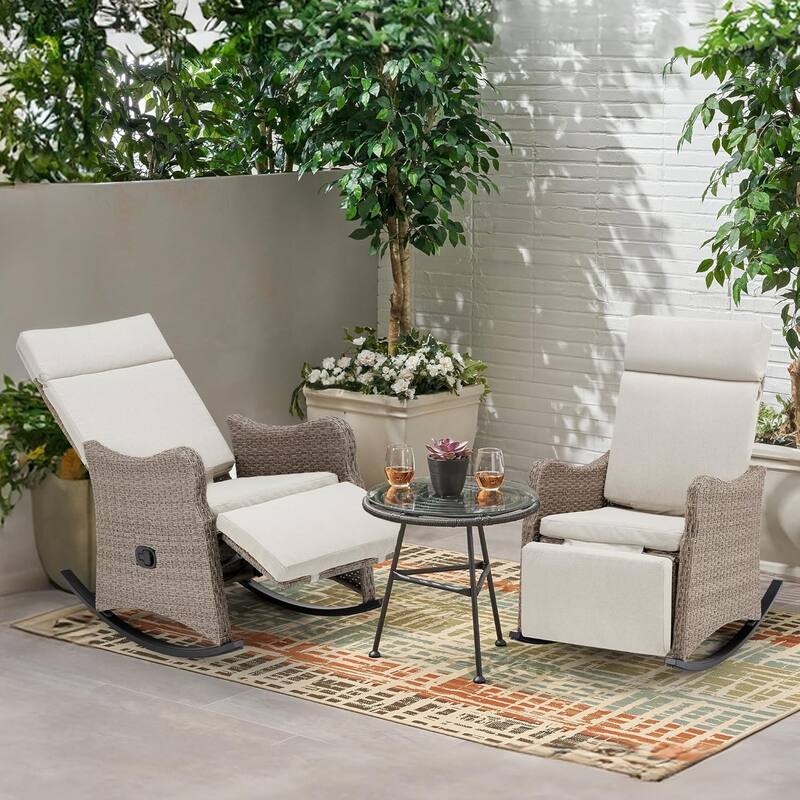 Outdoor Recliner Rocking Chairs with Soft Removable Cushions and Footrests