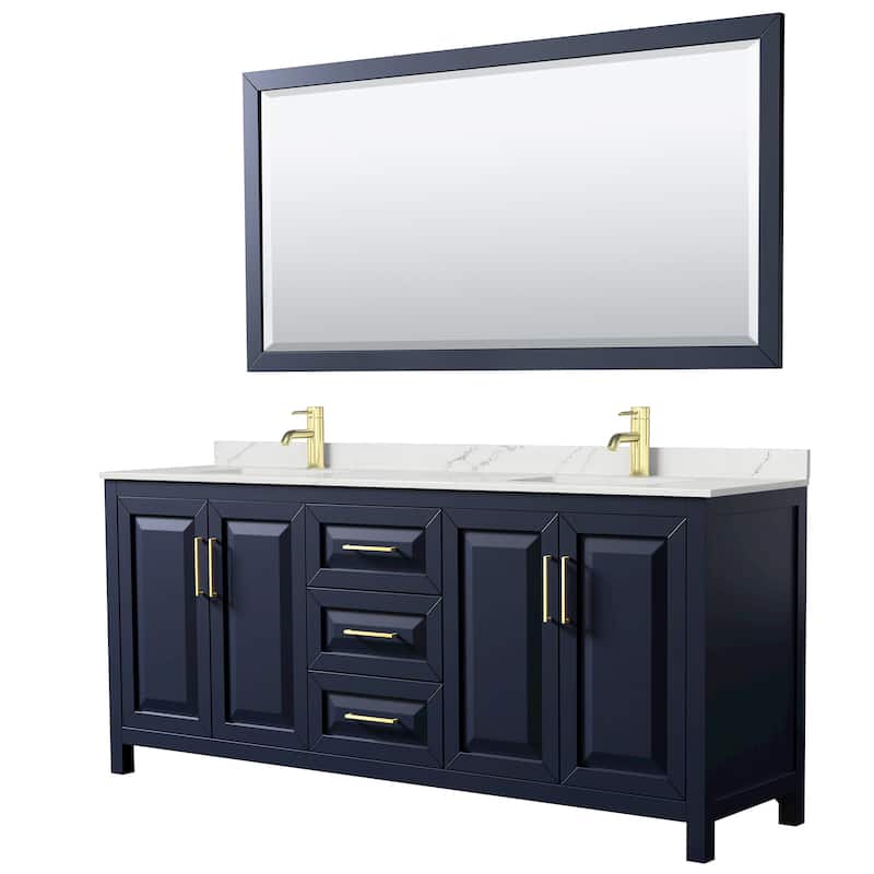 Wyndham Collection WCV252580D-QTZ-UNSM70 Daria 80" Free Standing - Dark Blue / Giotto Quartz Top / Brushed Gold