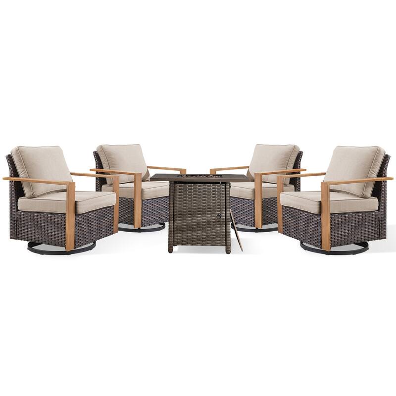 Meyreso 5-Piece Wicker Swivel Glider Fire Pit Set with Plush 4.5" Olefin Cushions