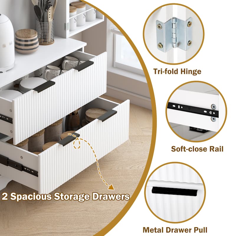 Fluted Kitchen Pantry Cabinet, 2 Doors Freestanding Kitchen Storage Cabinet with 2 Drawers, 8 Spice Racks & Adjustable Shelves