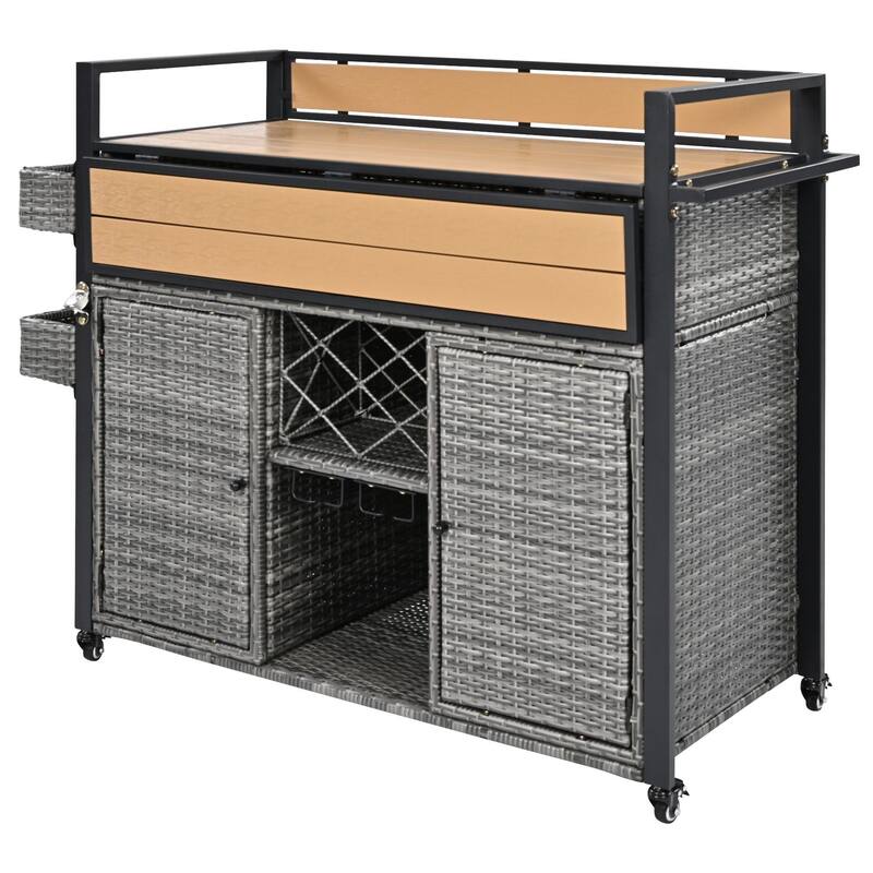 Wicker Outdoor Grill Cart with Drop Leaf Tabletop and Storage Cabinet
