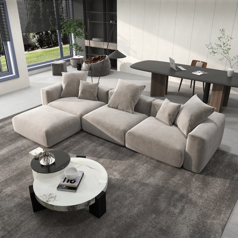 142" L-shape Oversized Corduroy Sectional Sofa Classic Deep Couch with Ottoman - Brown