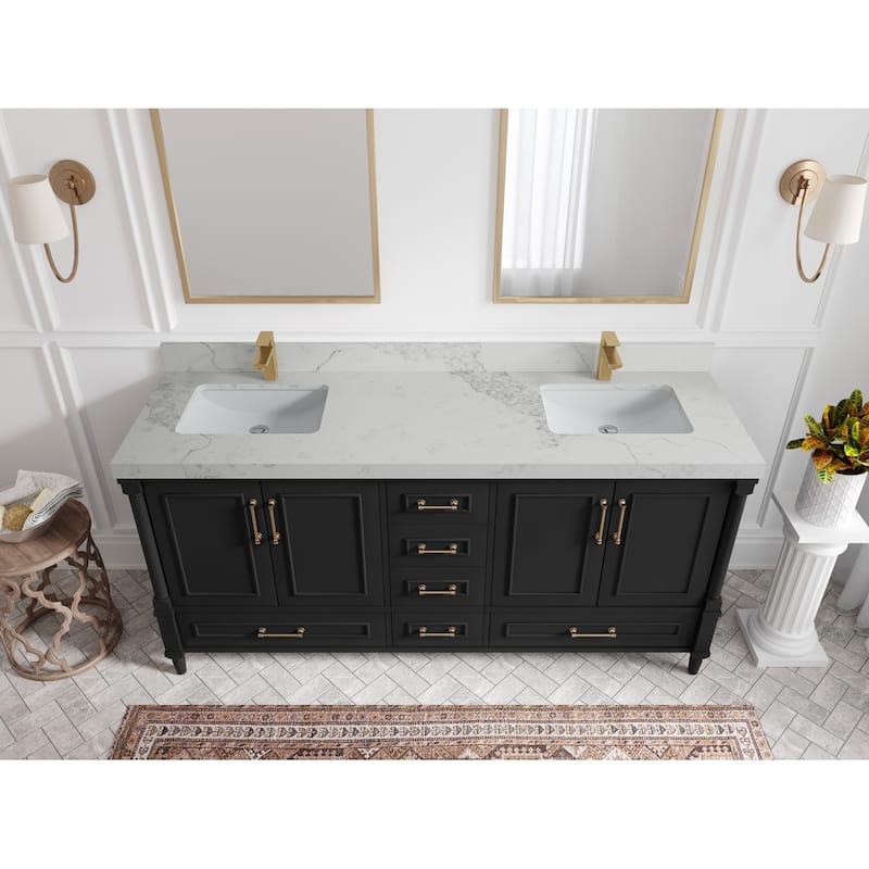 Willow Collections 72 in. W x 22 in. D Aberdeen Double Sink Bathroom Vanity with Countertops - 2" Calacatta Nuvo - Black