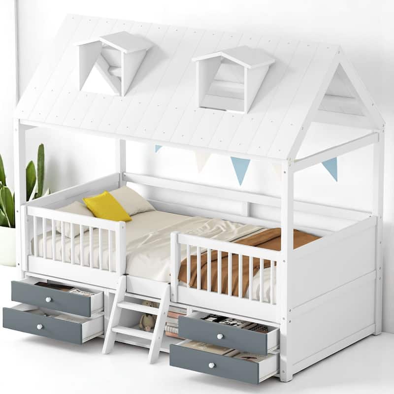 Twin/Full Size Wooden House Bed Frame with Skylight Roof, Drawers, Shelves and Ladder