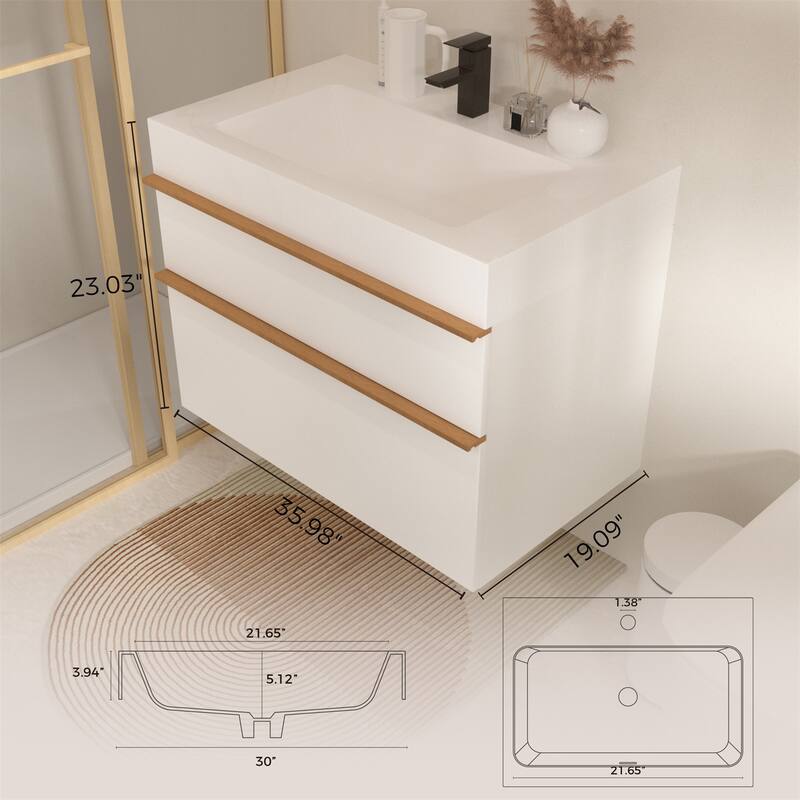 36" Wall Mounted Bathroom Vanity with Integrated Acrylic Sink, 2 Soft-Close Drawers