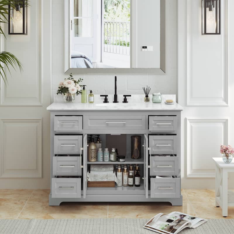 Bathroom Vanity with Marble Top and Sink - Grey - 48"W
