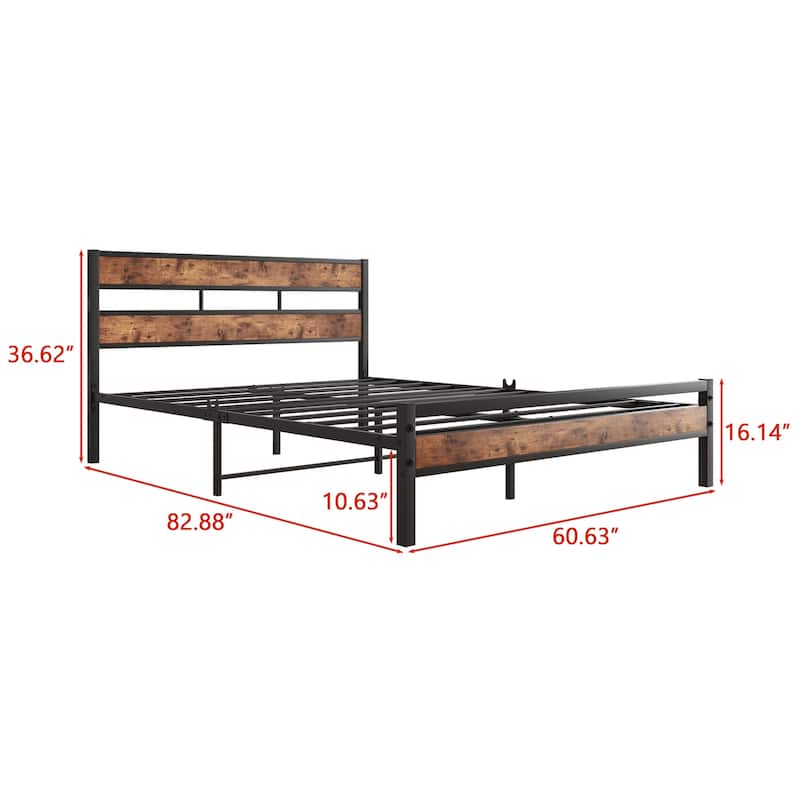 Platform Bed Frame with Rustic Vintage Wood Headboard