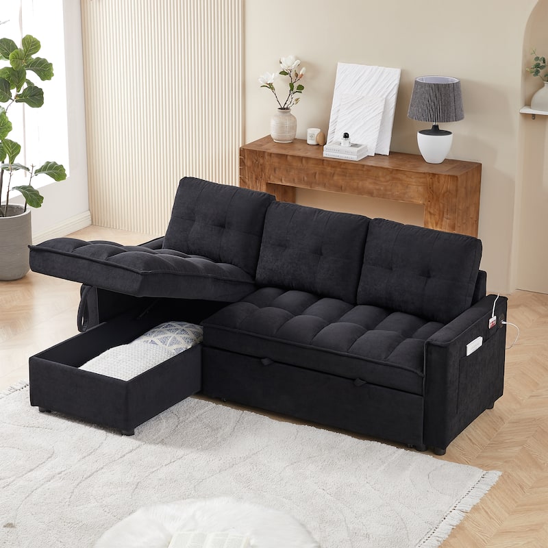 Futon Daybed Pull-Out Sofa Bed with USB and Tape-c, L-Shaped Sectional Sofa with Storage Chaise Lounge and Side Pocket
