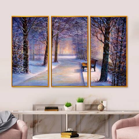 Designart "Bench In The Park During Winter Afternon Glow" Farmhouse Framed Canvas Wall Art Set of 3 - 4 Colors of Frames