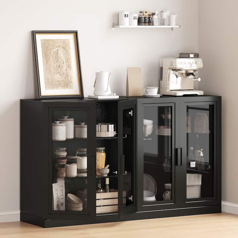 62"LX36"H Solid Wood Kitchen Pantry Sideboard Buffet Cabinet Storage with with Glass Doors