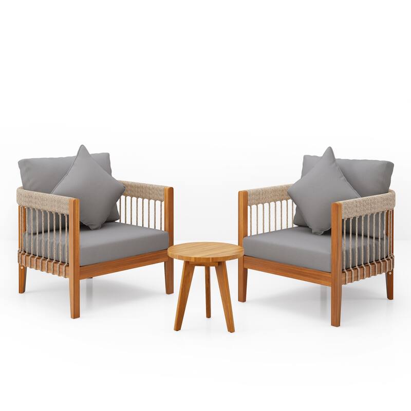 3 Pcs Set Acacia Wood Outdoor Club Chair with Handwoven Rope Accents & Curved Backres -Water-Resistant,Removable Cushions