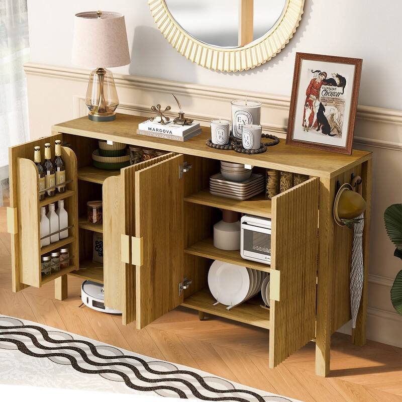 Modern 57.5" Fluted Door 4-Door Sideboard with Side Hooks and Adjustable Shelves