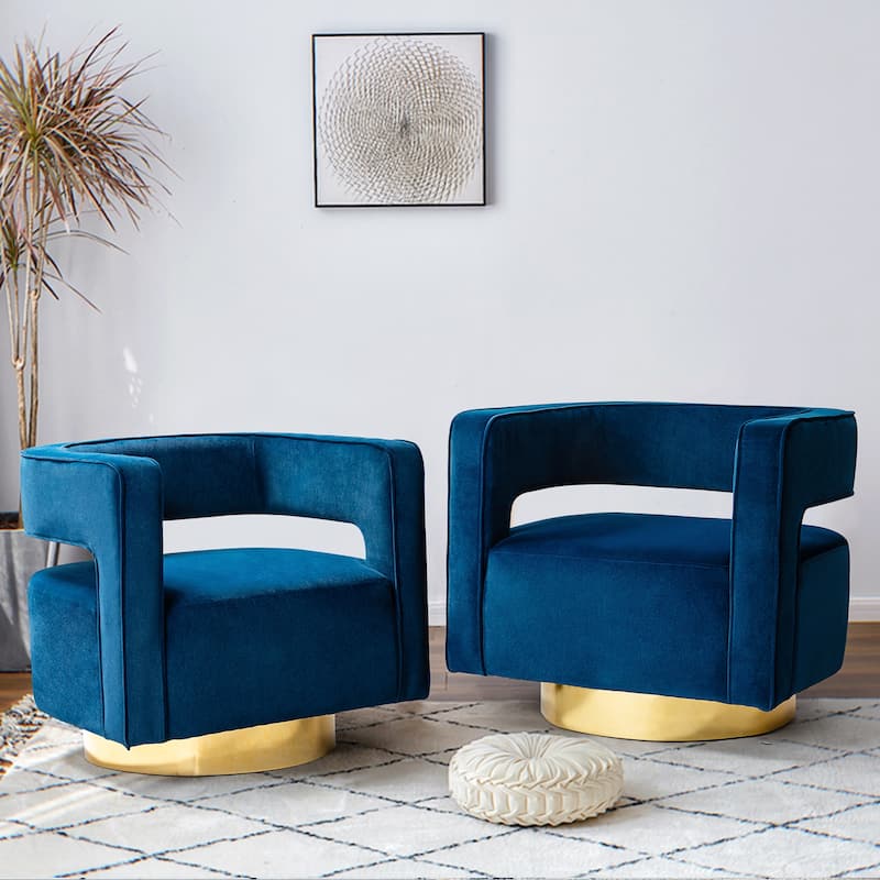 Carisa Modern Upholstered Swivel Open-Back Barrel Chair with Golden Base by HULALA HOME - Set of 2 - NAVY