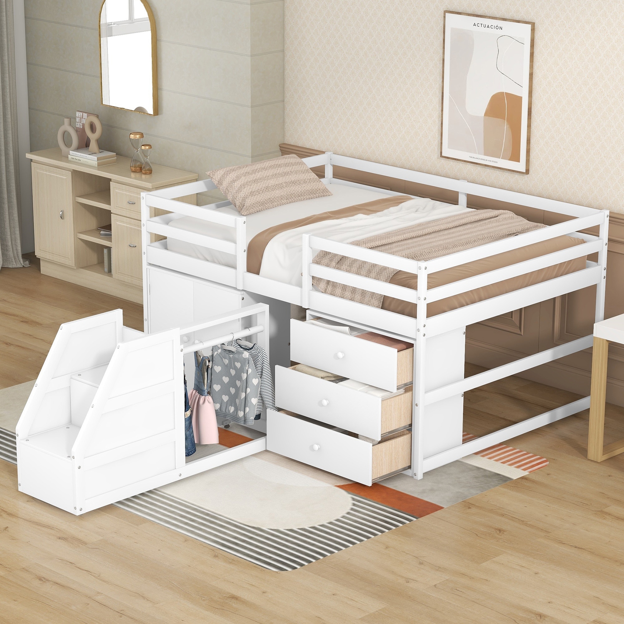 Low loft bed with stairs and 2025 storage