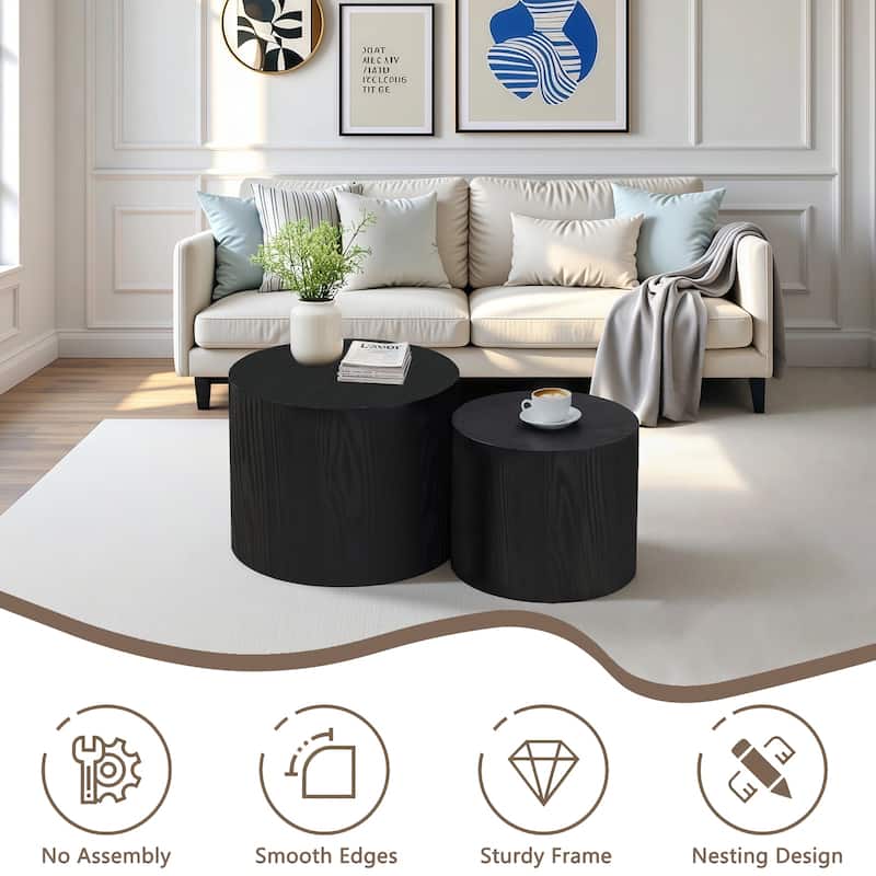 Nesting Coffee Table Set of 2, Modern Round Wooden Side Tables with Non-Slip Feet, Space-Saving Living Room Accent Tables