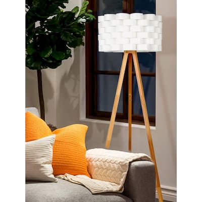 Brightech Bijou 60 in. Natural Wood Farmhouse LED Super Bright Floor Lamp with White Plastic Drum Shade