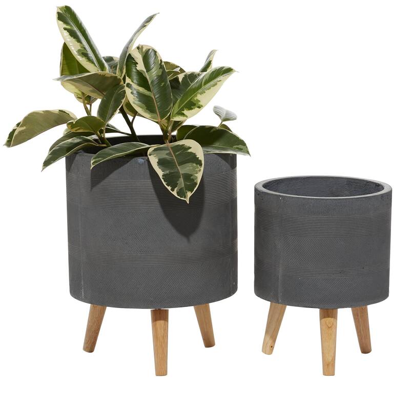 Magnesium Oxide Indoor Outdoor Planter with Wood Tripod Legs - Set of 2 White or Dark Gray - Roche River Decor - Dark Gray