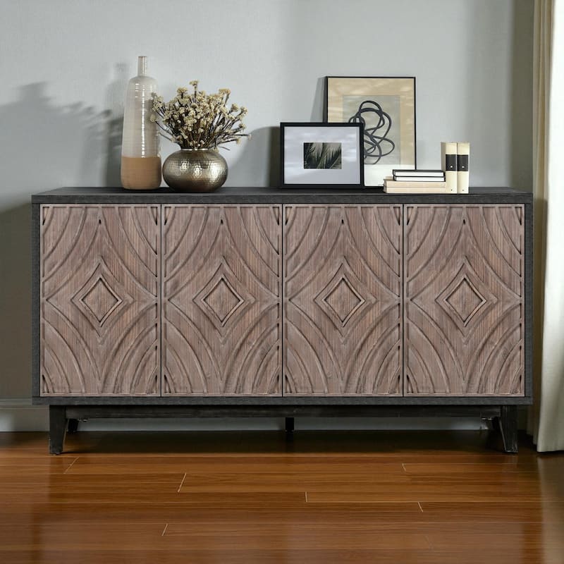 60" Mid Century Modern Sideboard Buffet Cabinet with Diamond Pattern Doors, Solid Wood Legs, Storage Credenza for Living Room