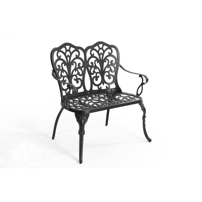 Cast Aluminum Outdoor Patio Bench with Floral Backrest Ergonomic Armrests Rust Resistant Garden Bench - 33.8" x 22.4" x 34.6"