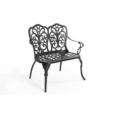 Cast Aluminum Outdoor Patio Bench with Floral Backrest Ergonomic Armrests Rust Resistant Garden Bench - 33.8" x 22.4" x 34.6"