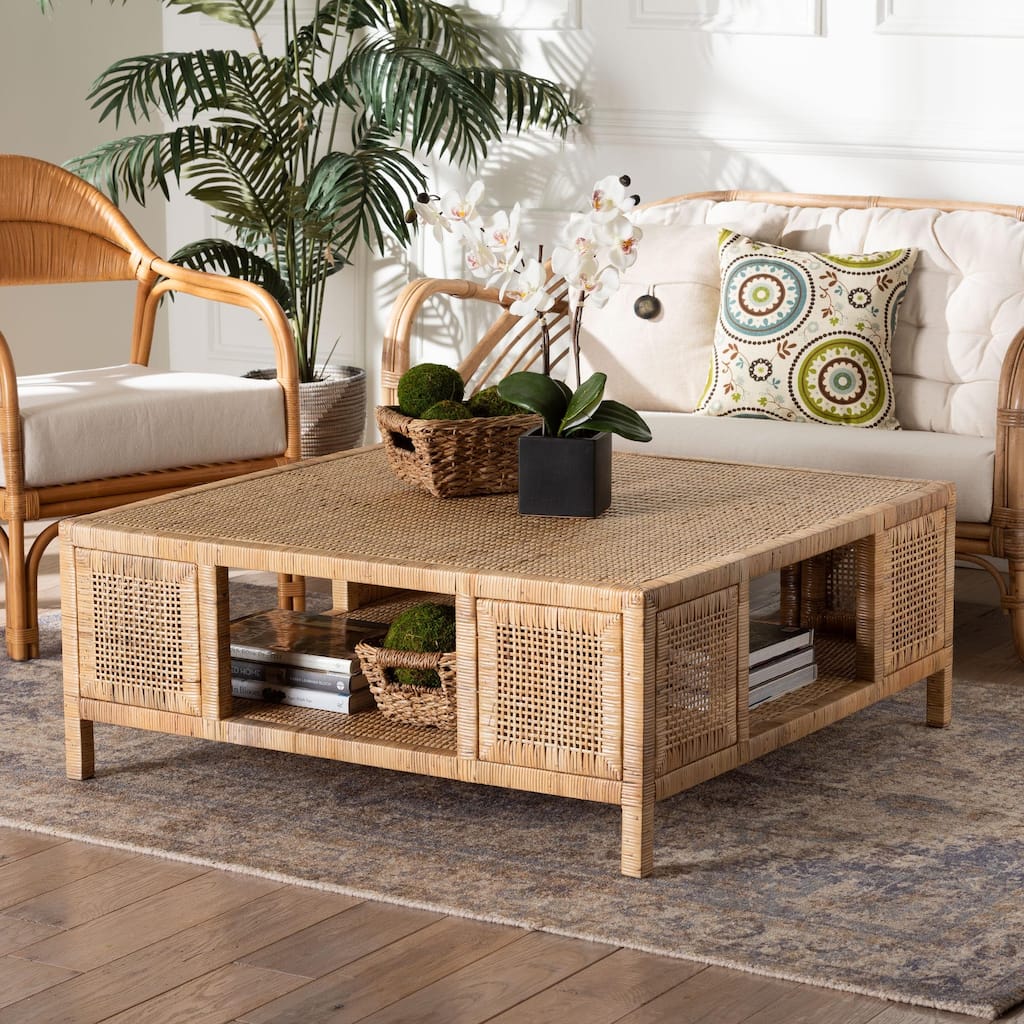 Kalimantan Bohemian Light Honey Rattan and Mahogany Wood Square Coffee Table