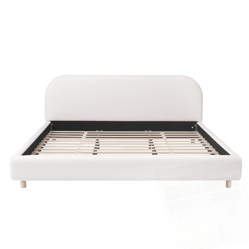 Boucle Fabric Upholstered Platform Bed with Curve-Shaped Design Headboard