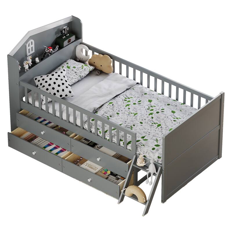 Twin Size Platform Bed Frame with 4 Storage Drawers & Guardrail Headboard for Bedroom, Wooden Kids Storage Bed with Ladder