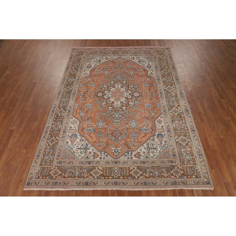 Geometric Tabriz Area Rug Orange Handmade Wool Carpet - 6'5"x 9'5"