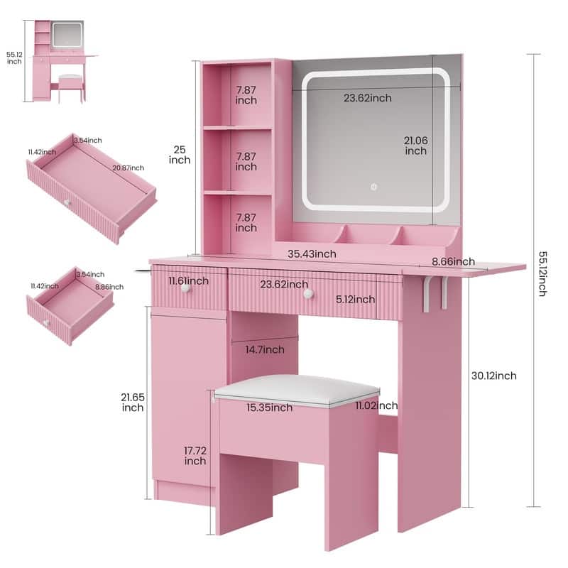 Makeup Vanity Desk with Mirror, Charging Station, Storage Drawers， Stool