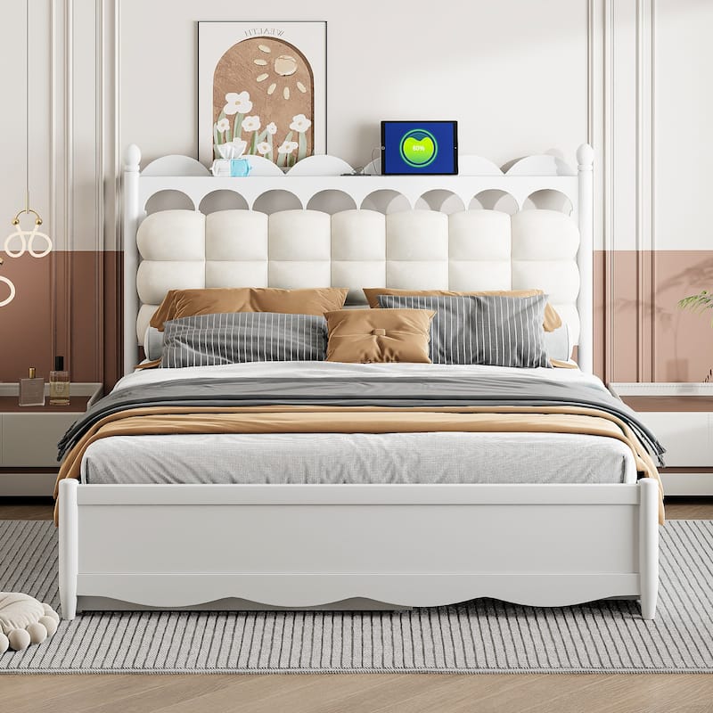 Queen Wooden Storage Platform Bed with Trundle, 2 Drawers, USB Sockets