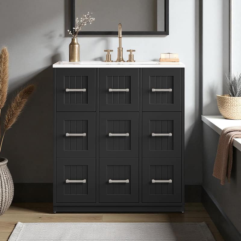 30-Inch Bathroom Vanity with Undermount Sink, Solid Wood Frame Cabinet with Tip-Out Drawer and Soft-Close Doors - Black